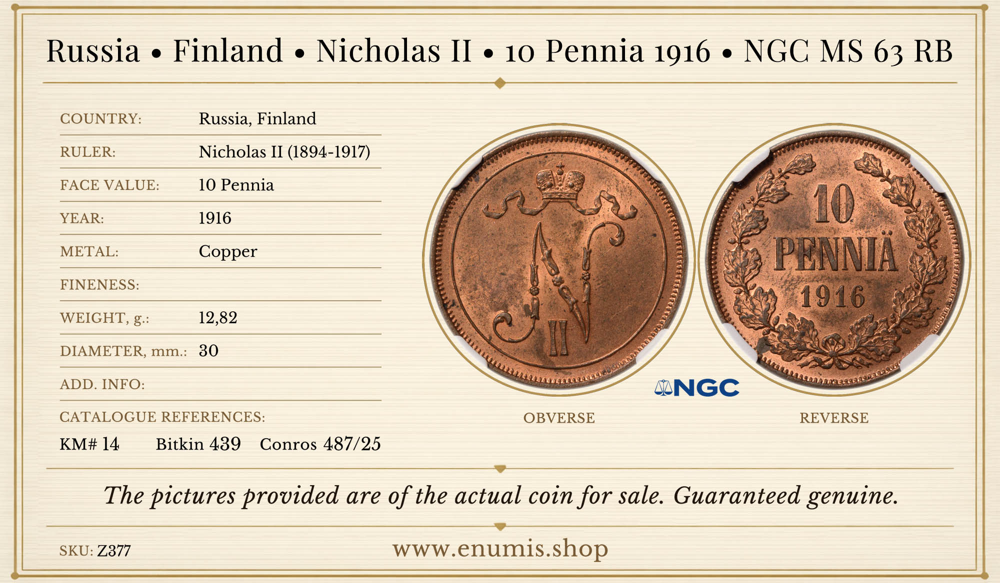 Russia, Finland, Nicholas II, 10 Pennia 1916, NGC MS 63 RB