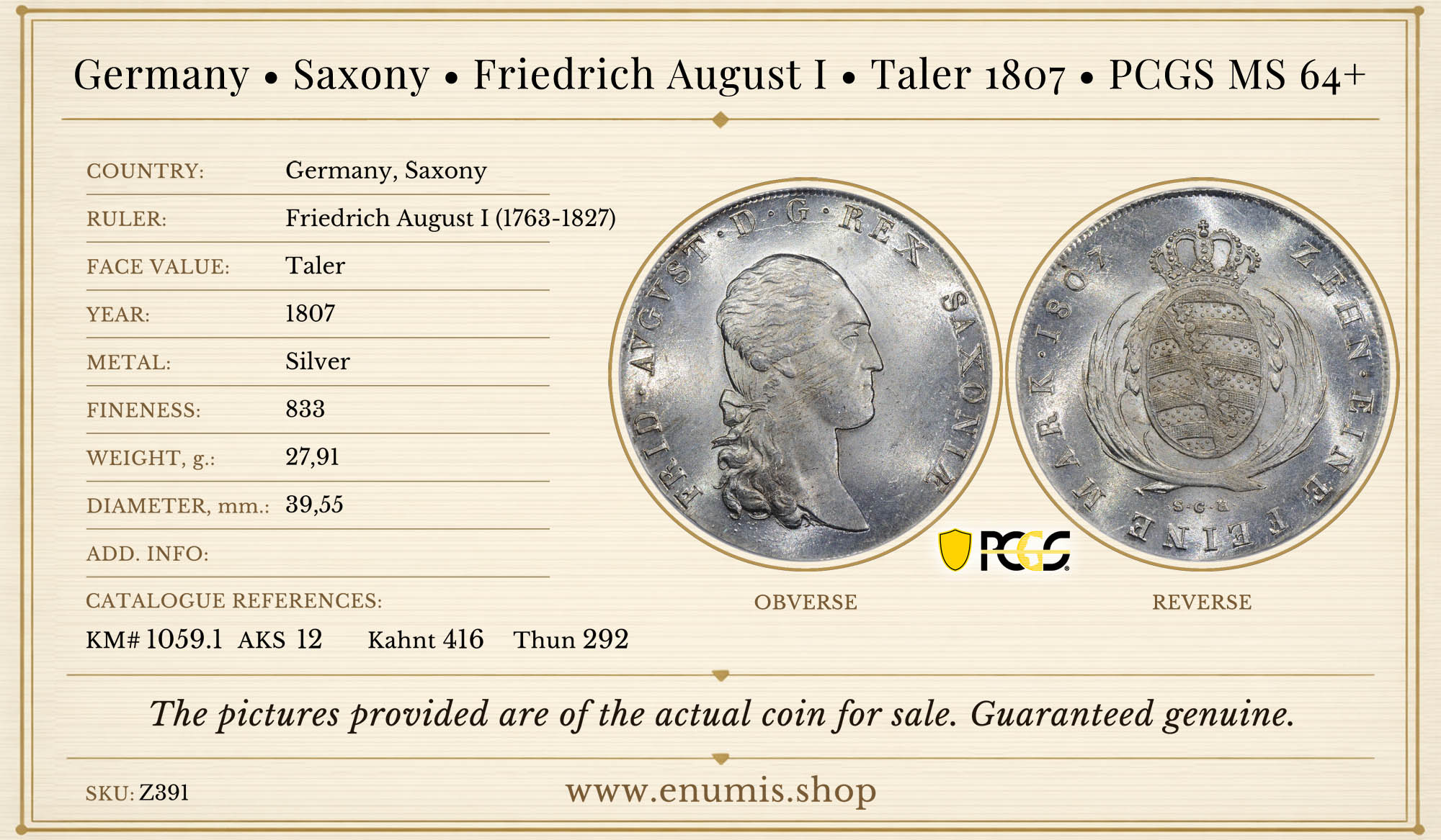 Germany, Saxony, Friedrich August I, Taler 1807, PCGS MS 64+ Germany, Saxony, Friedrich August I, Taler 1807, PCGS MS 64+