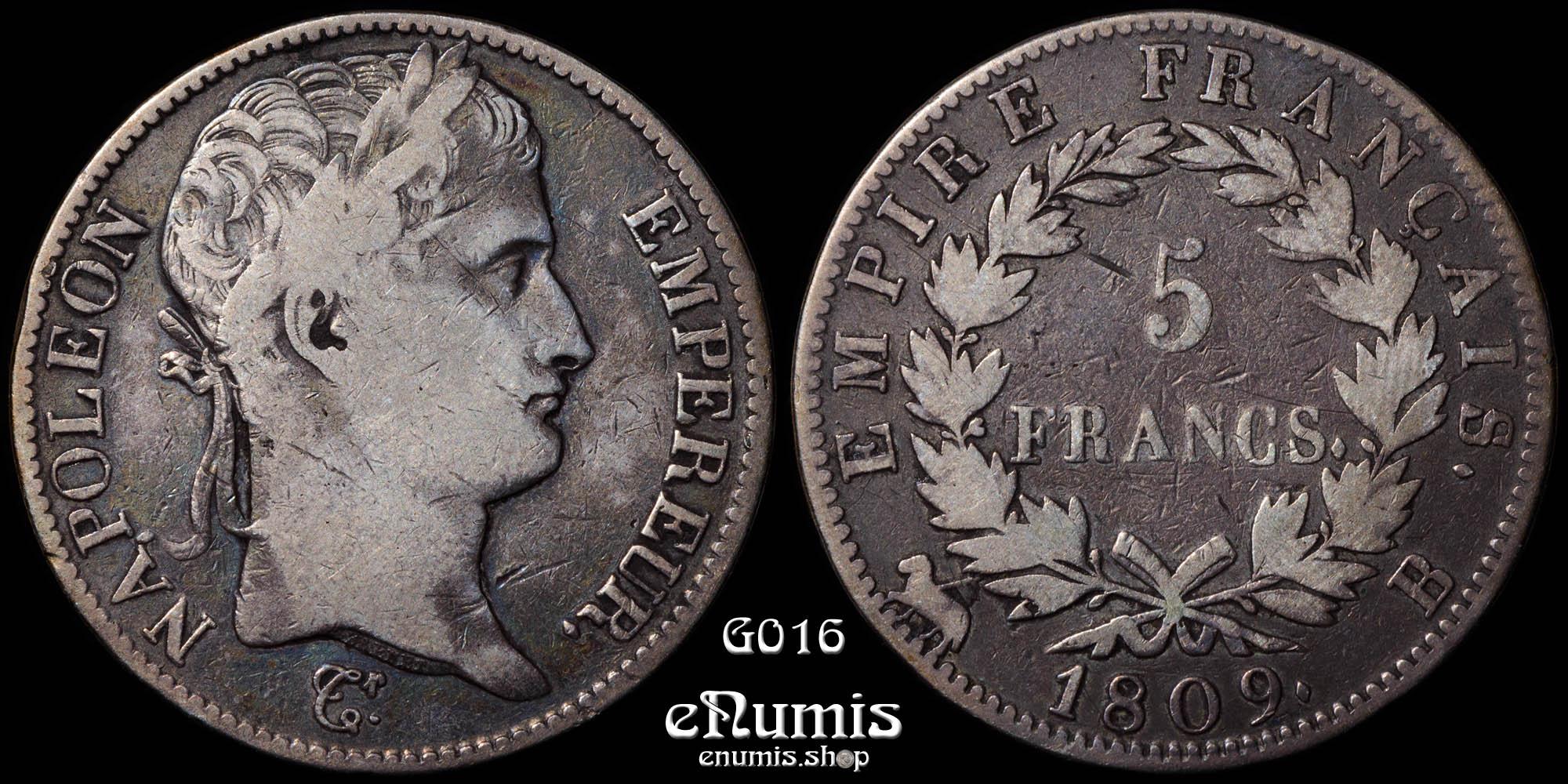 FRANCE, Napoleon I, 5 Francs 1809 B, Rouen, VF FRANCE, Napoleon I, 5 Francs 1809 B, Rouen, VF