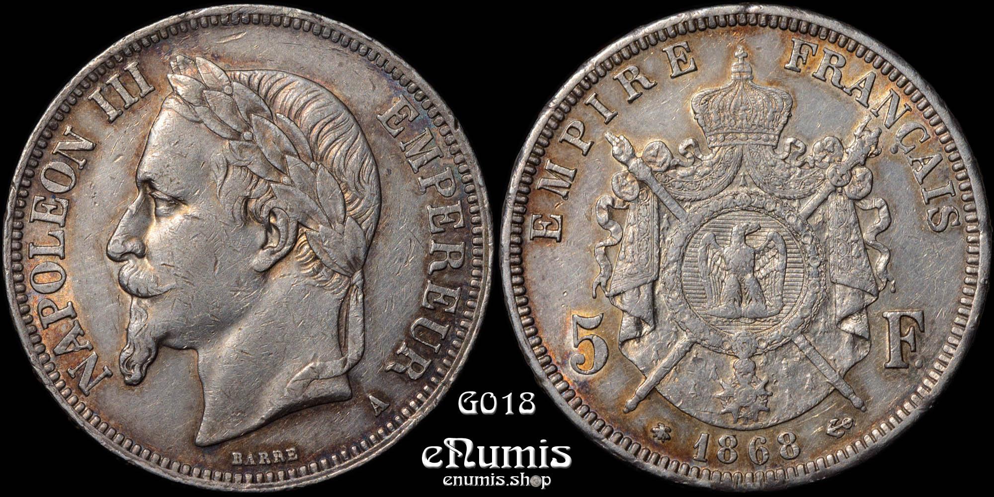 FRANCE, Napoleon III, 5 Francs 1868 A, Paris, XF+