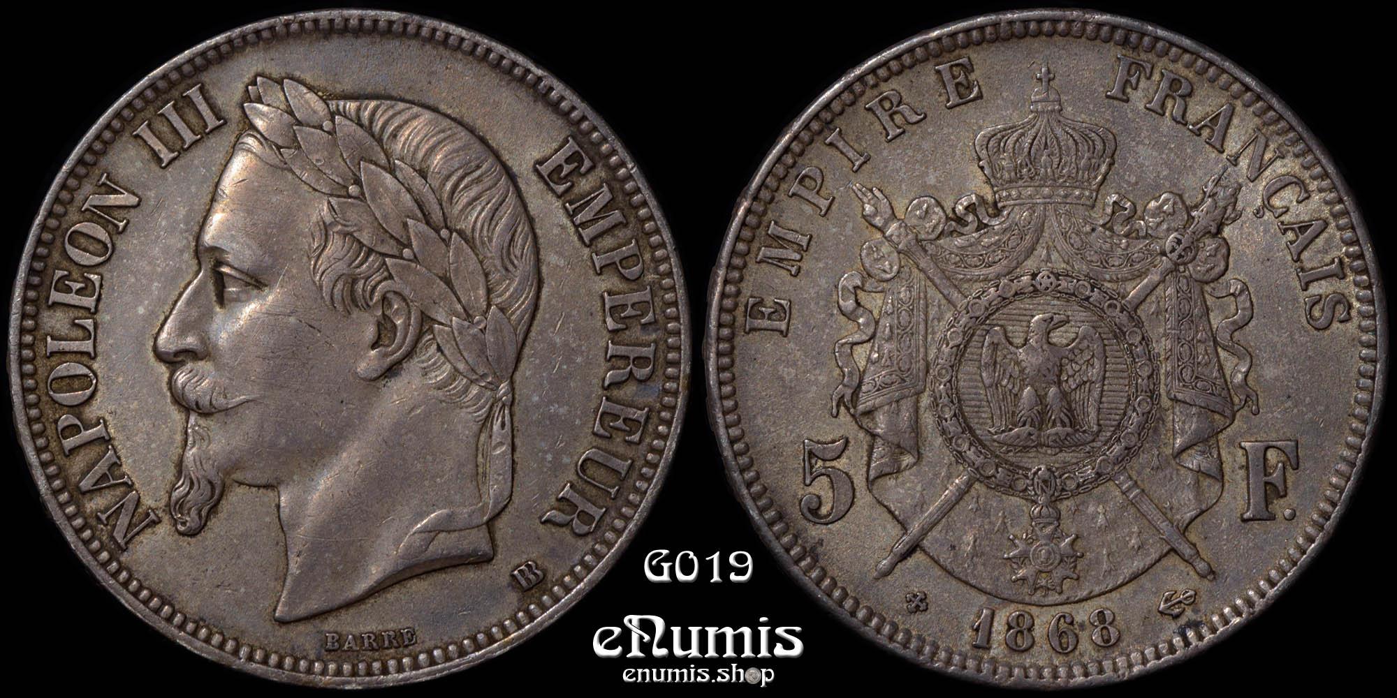 FRANCE, Napoleon III, 5 Francs 1868 BB, Strasbourg, XF++