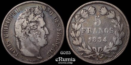 FRANCE, Louis Philippe, 5 Francs 1834 A, Paris, VF