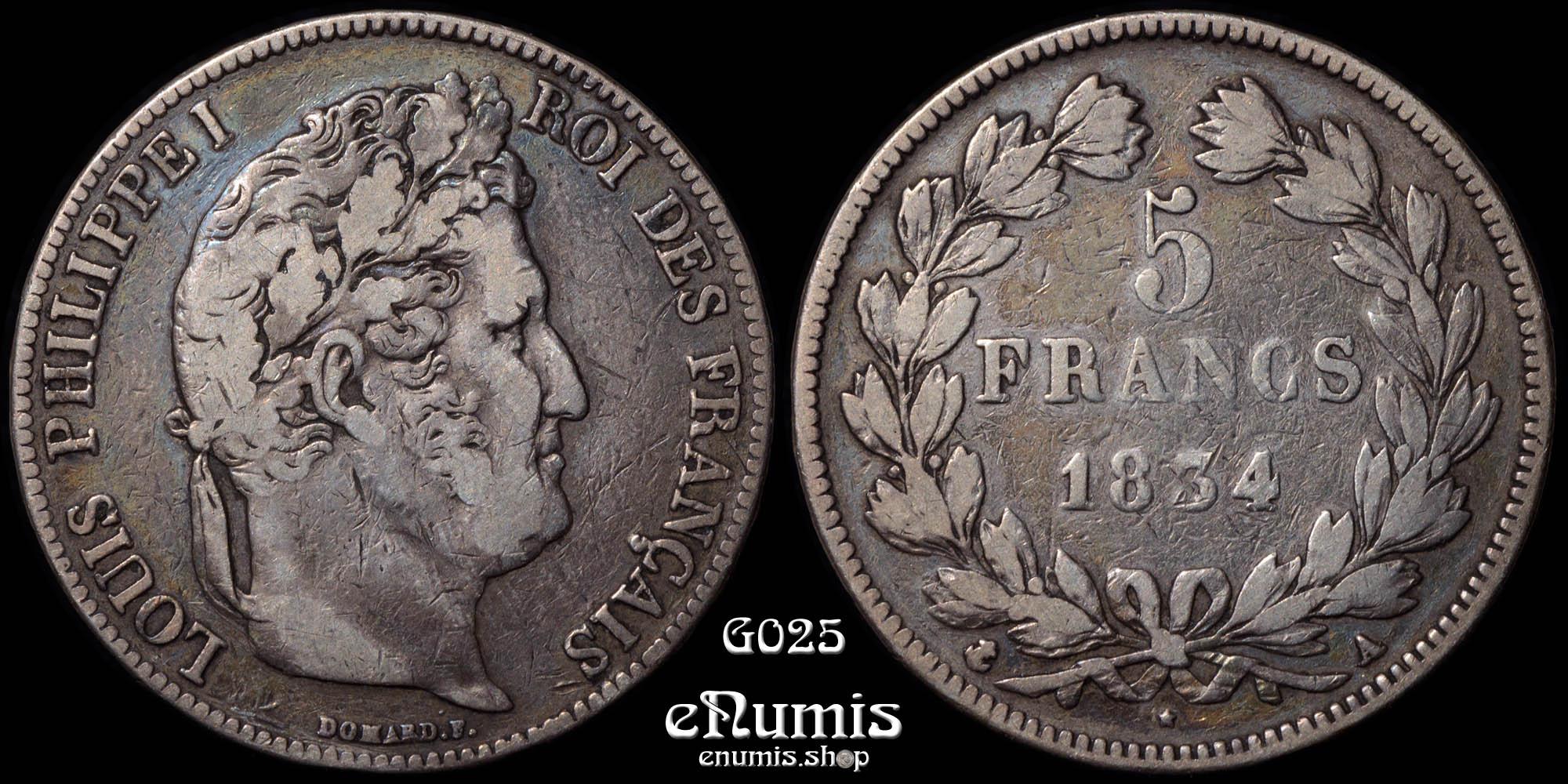FRANCE, Louis Philippe, 5 Francs 1834 A, Paris, VF