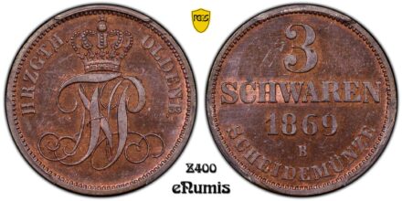 Germany, Oldenburg, Nicolaus Friedrich Peter, 3 Schwaren 1869, Top Pop, PCGS MS 64 BN