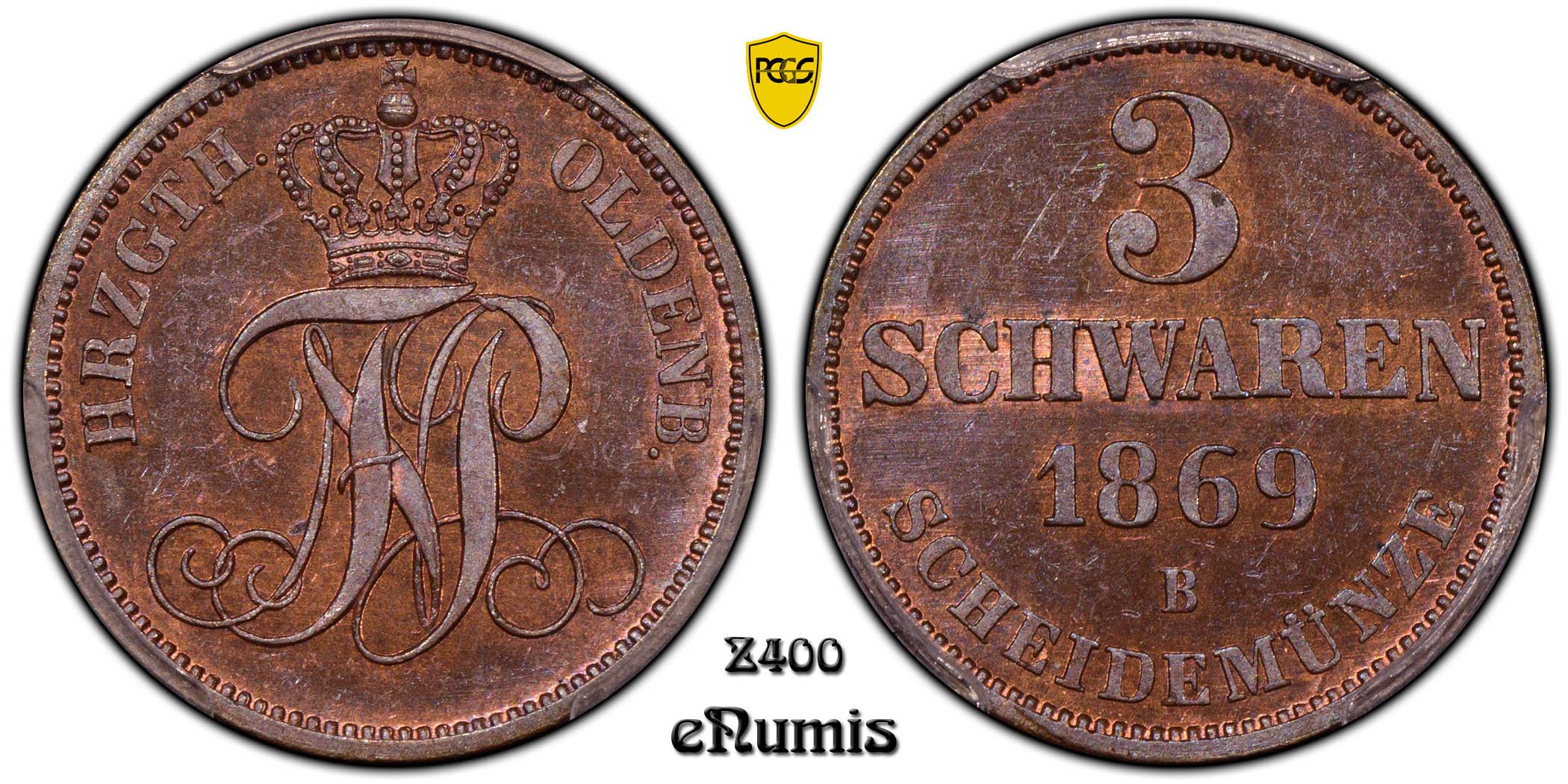 Germany, Oldenburg, Nicolaus Friedrich Peter, 3 Schwaren 1869, Top Pop, PCGS MS 64 BN