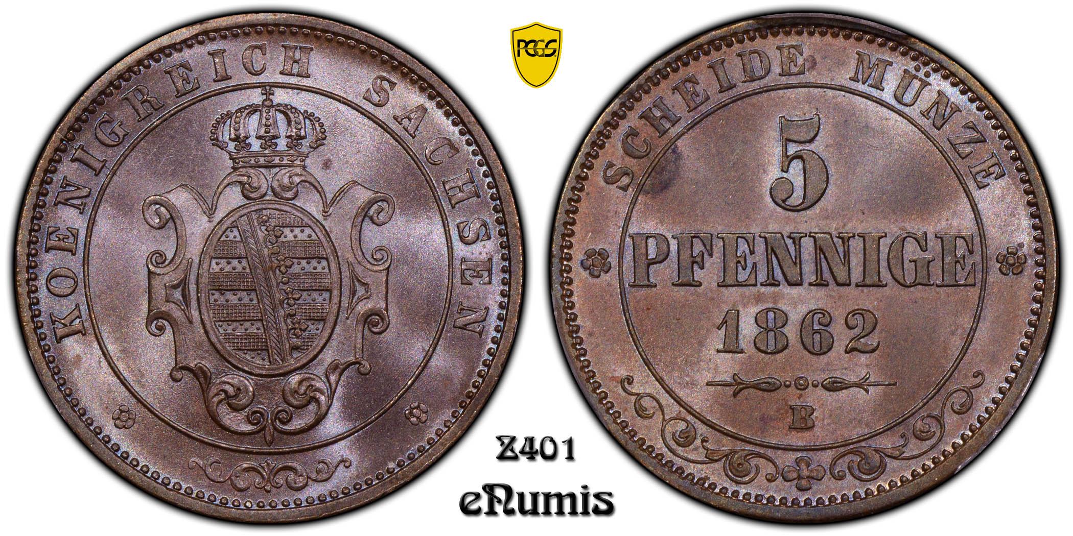 Germany, Saxony, Johann, 5 Pfennige 1862 B, PCGS MS 64 BN