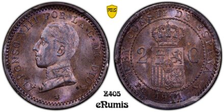 SPAIN, Alfonso XIII, 2 Centimos 1911 PC-V, PCGS MS 64 BN
