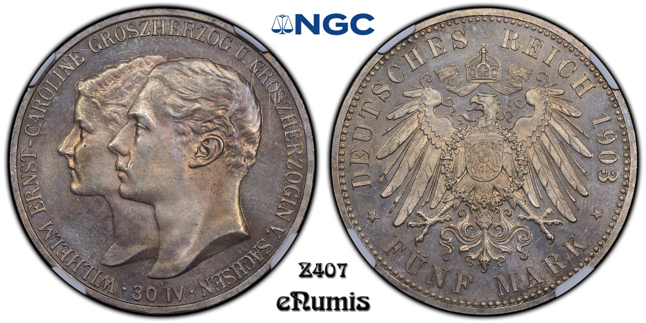 Germany, Saxe-Weimar-Eisenach, 5 Mark 1903, Marriage, PROOF, NGC PF 64 Germany, Saxe-Weimar-Eisenach, 5 Mark 1903, Marriage, PROOF, NGC PF 64