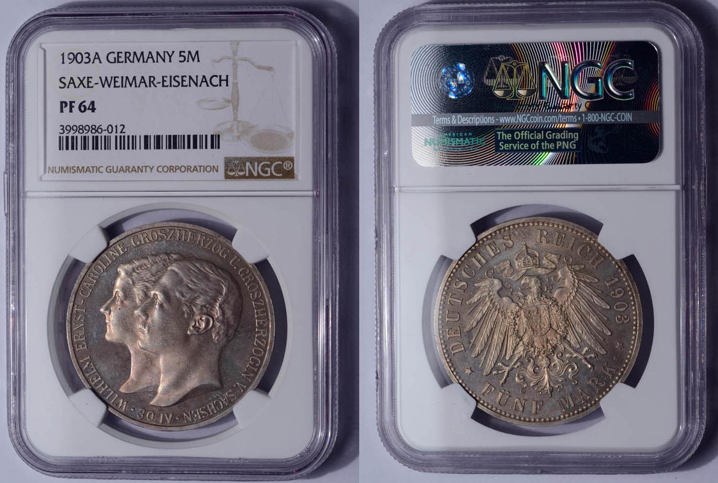 Germany, Saxe-Weimar-Eisenach, 5 Mark 1903, Marriage, PROOF, NGC PF 64 Germany, Saxe-Weimar-Eisenach, 5 Mark 1903, Marriage, PROOF, NGC PF 64