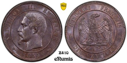 FRANCE, Napoleon III, 10 Centimes 1854 A, dog, PCGS MS 63 BN