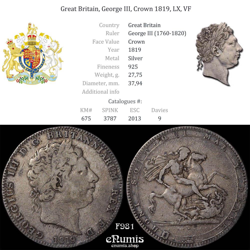 Great Britain, George III, Crown 1819, LX, VF