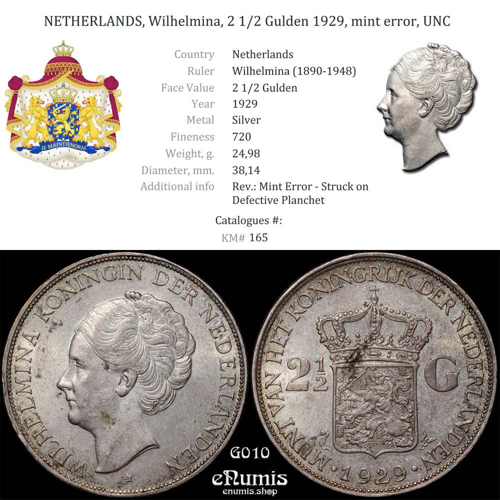 NETHERLANDS, Wilhelmina, 2 1/2 Gulden 1929, mint error, UNC