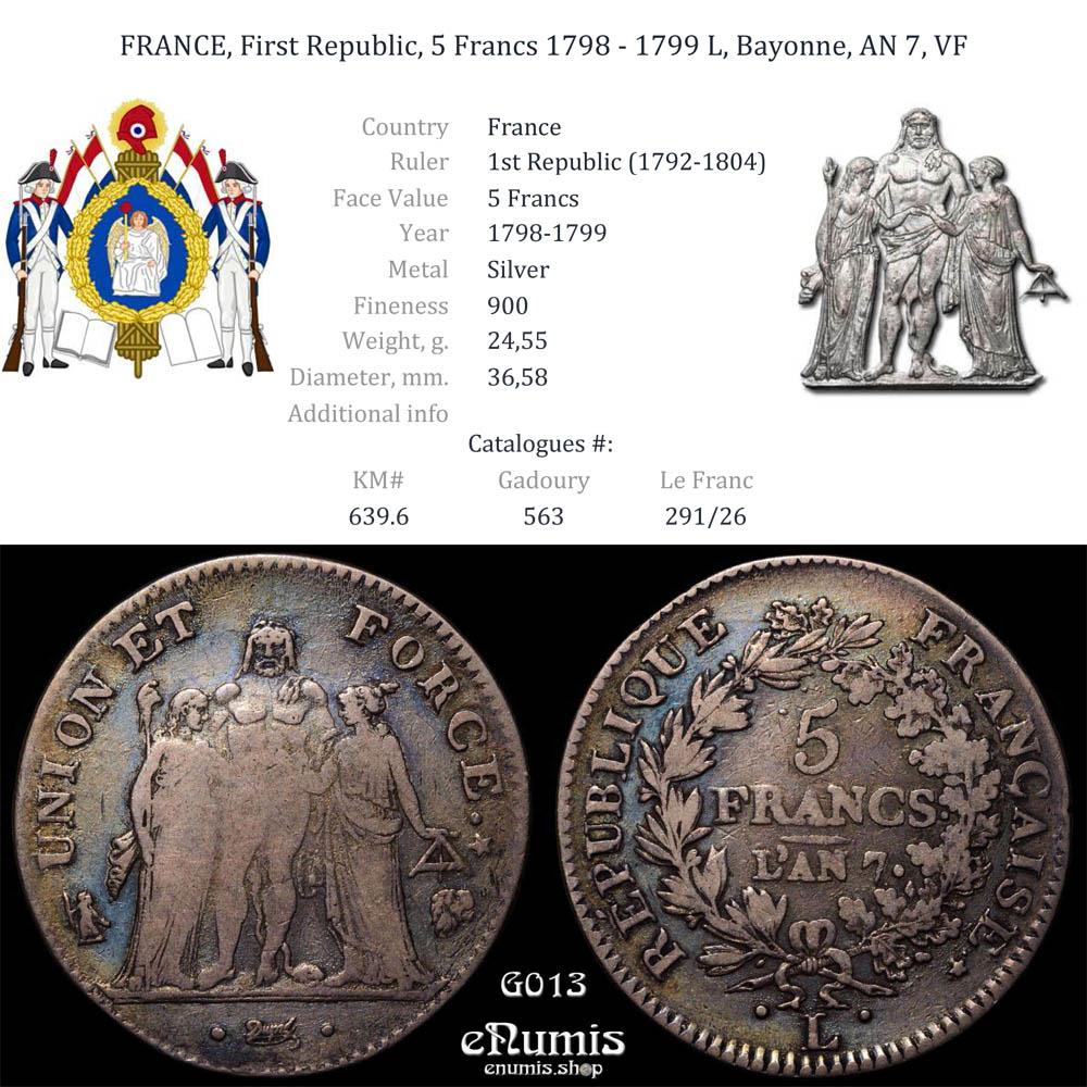 FRANCE, First Republic, 5 Francs 1798 - 1799 L, Bayonne, AN 7, VF