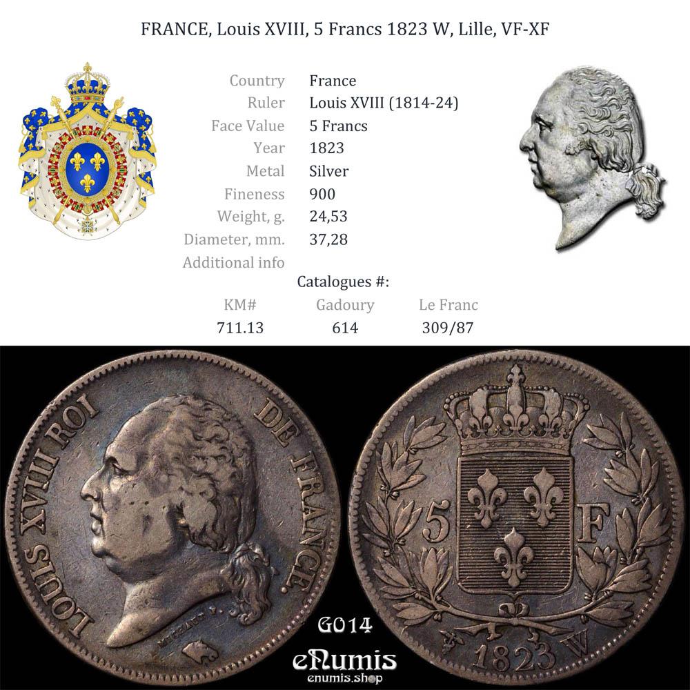 FRANCE, Louis XVIII, 5 Francs 1823 W, Lille, VF-XF