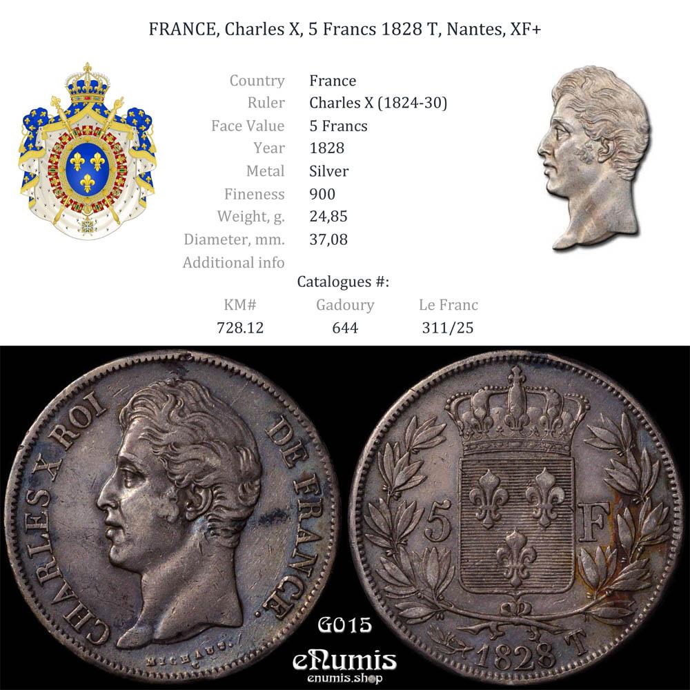 FRANCE, Charles X, 5 Francs 1828 T, Nantes, XF+