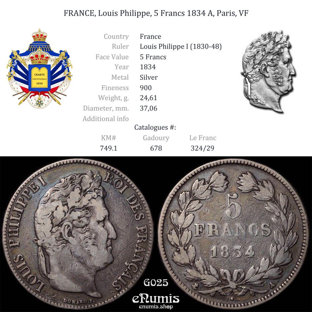 FRANCE, Louis Philippe, 5 Francs 1834 A, Paris, VF