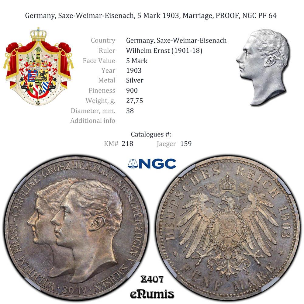 Germany, Saxe-Weimar-Eisenach, 5 Mark 1903, Marriage, PROOF, NGC PF 64 Germany, Saxe-Weimar-Eisenach, 5 Mark 1903, Marriage, PROOF, NGC PF 64