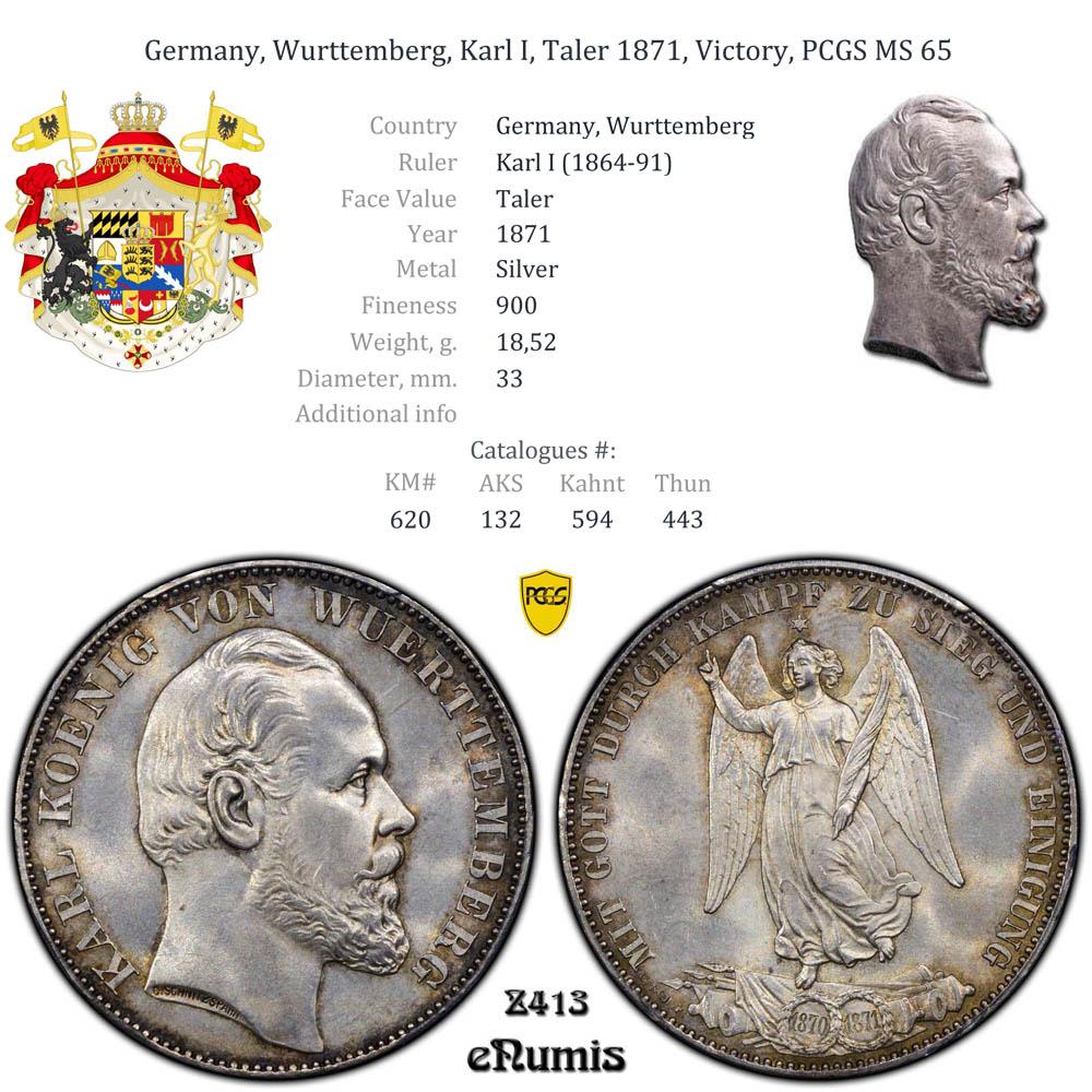 Germany, Wurttemberg, Karl I, Taler 1871, Victory, PCGS MS 65