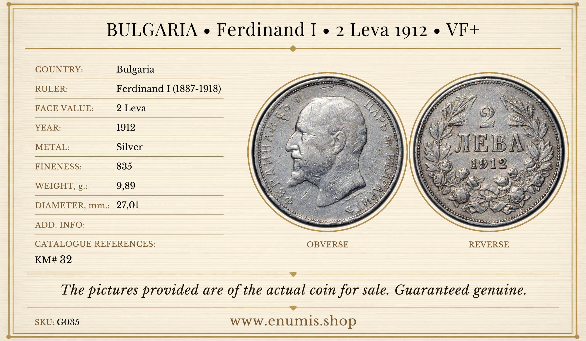 BULGARIA, Ferdinand I, 2 Leva 1912, VF+
