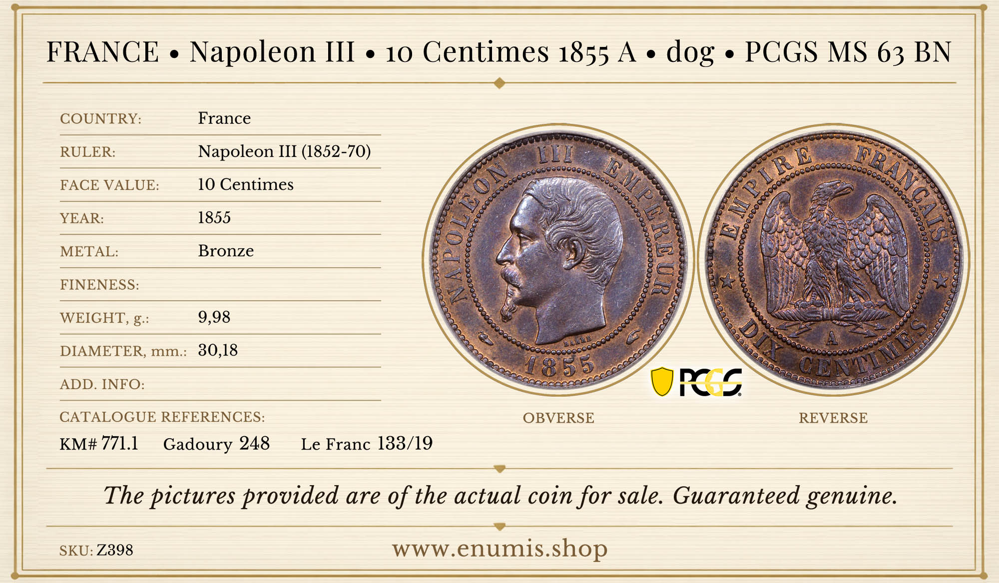 FRANCE, Napoleon III, 10 Centimes 1855 A, dog, PCGS MS 63 BN