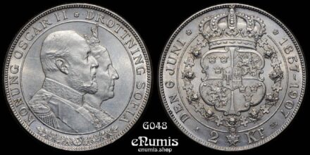 SWEDEN, Oscar II, 2 Kronor 1907, Golden Wedding Anniversary, UNC