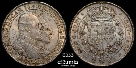 SWEDEN, Oscar II, 2 Kronor 1907, Golden Wedding Anniversary, UNC
