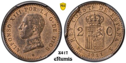 SPAIN, Alfonso XIII, 2 Centimos 1911 PC-V, PCGS MS 63 RB