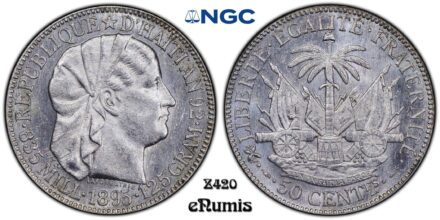 HAITI, 50 Centimes 1895, old slab, NGC MS 63