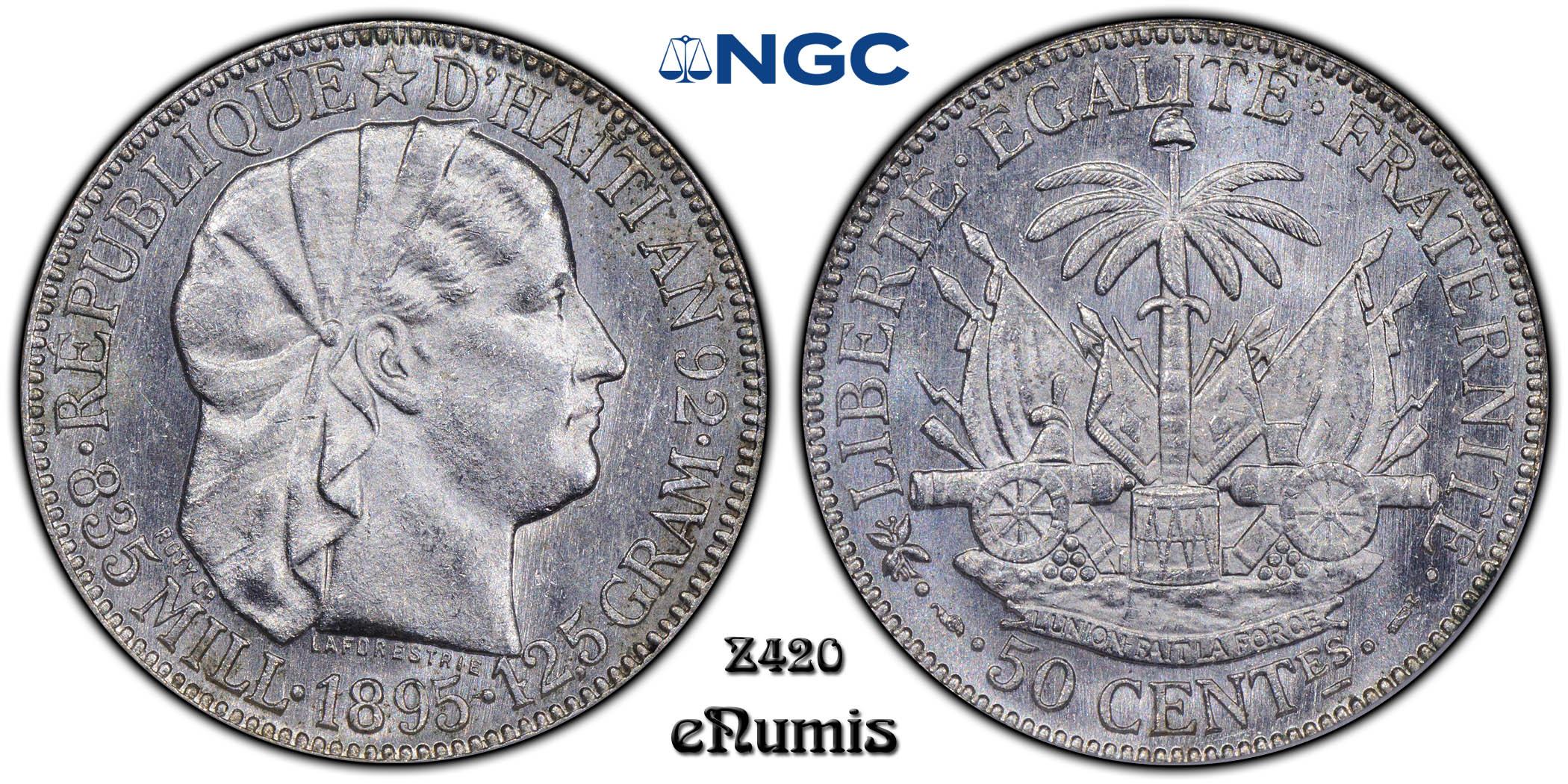 HAITI, 50 Centimes 1895, old slab, NGC MS 63