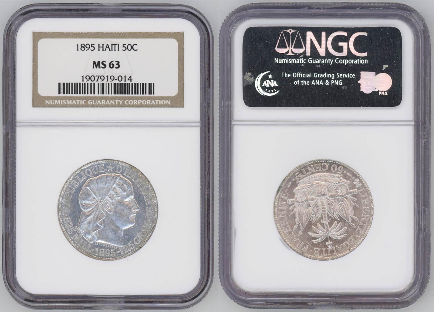 HAITI, 50 Centimes 1895, old slab, NGC MS 63