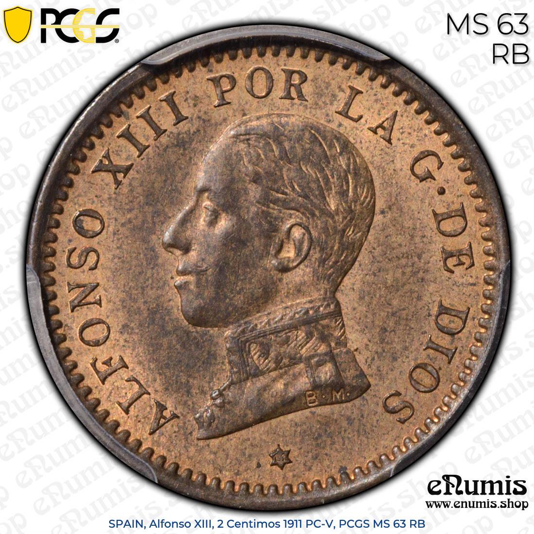 SPAIN, Alfonso XIII, 2 Centimos 1911 PC-V, PCGS MS 63 RB