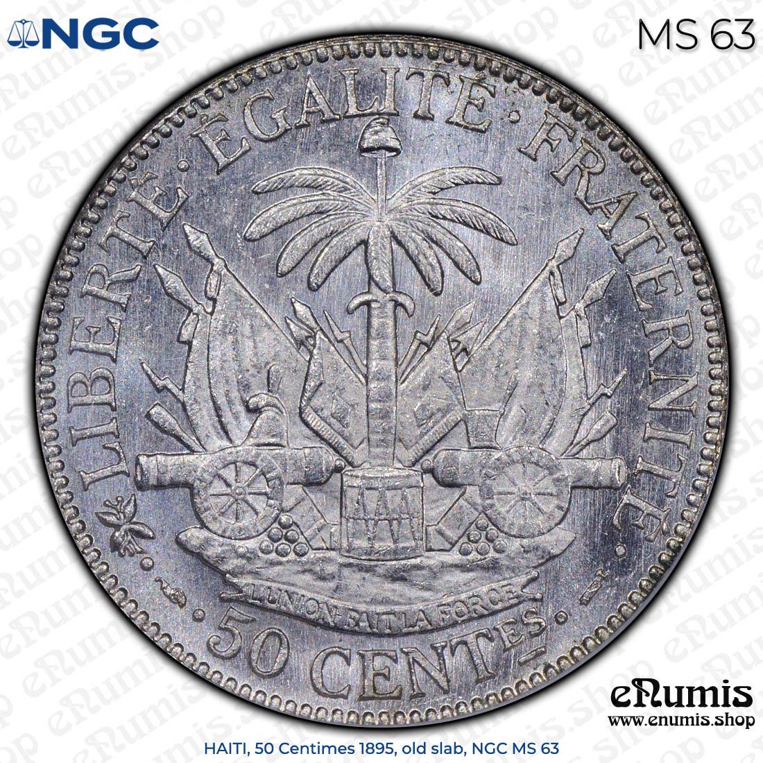 HAITI, 50 Centimes 1895, old slab, NGC MS 63