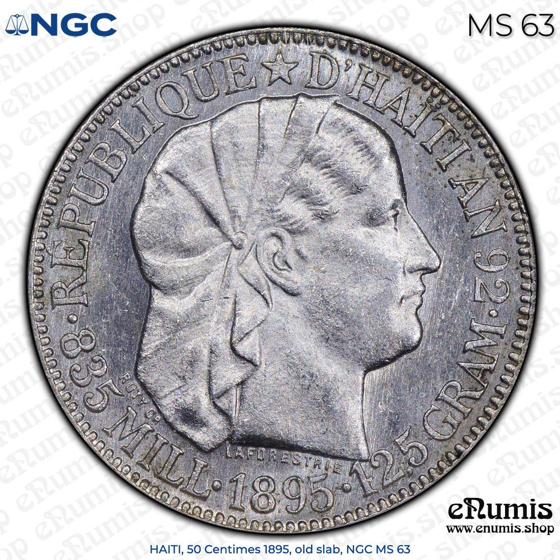 HAITI, 50 Centimes 1895, old slab, NGC MS 63