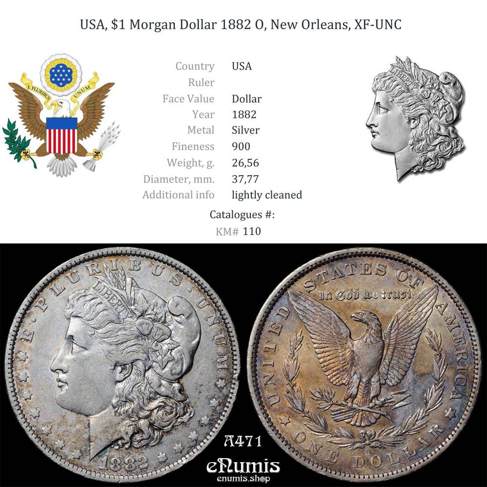 USA, $1 Morgan Dollar 1882 O, New Orleans, XF-UNC USA, $1 Morgan Dollar 1882 O, New Orleans, XF-UNC