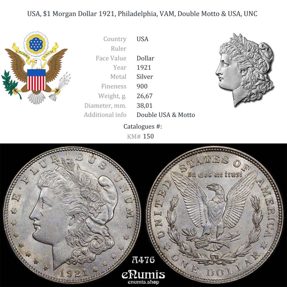 USA, $1 Morgan Dollar 1921, Philadelphia, VAM, Double Motto & USA, UNC