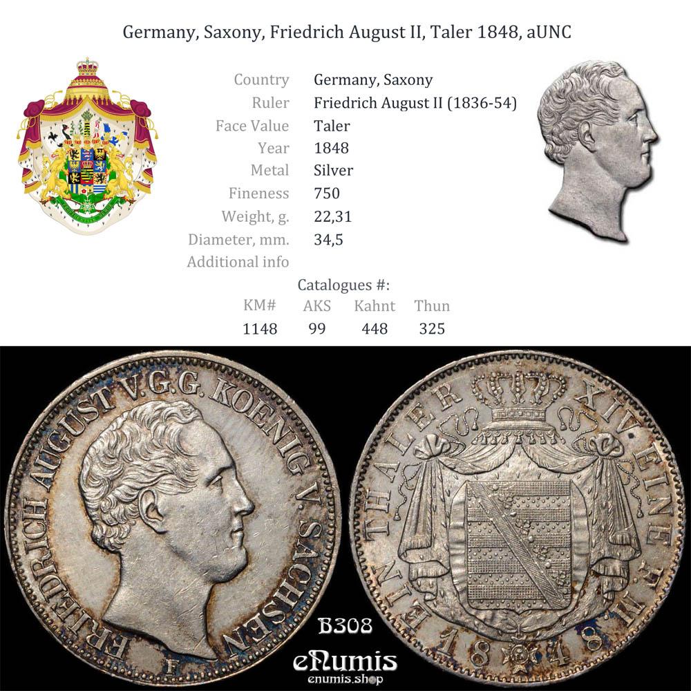 Germany, Saxony, Friedrich August II, Taler 1848, aUNC