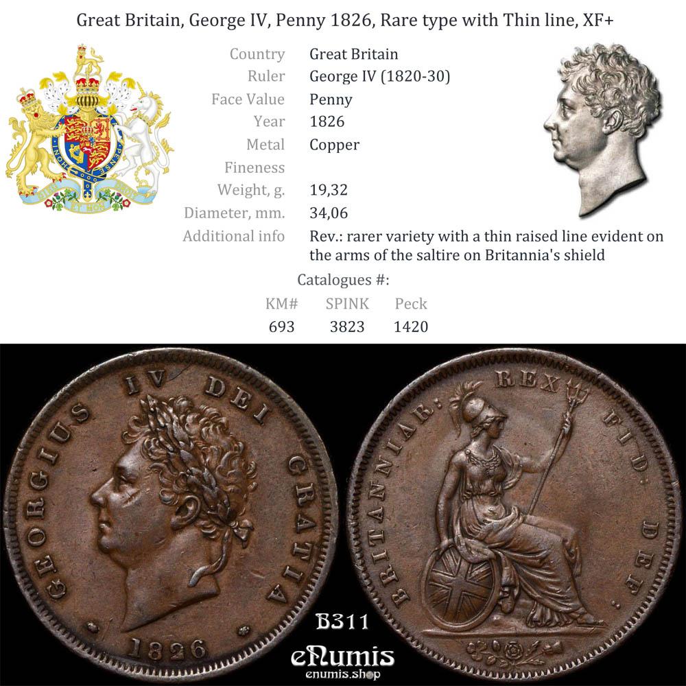 Great Britain, George IV, Penny 1826, Rare type with Thin line, XF+ Great Britain, George IV, Penny 1826, Rare type with Thin line, XF+