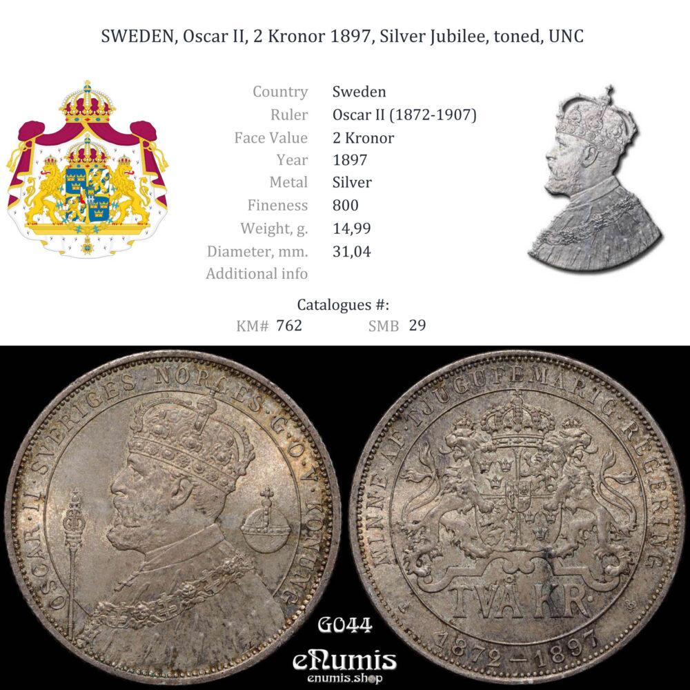 SWEDEN, Oscar II, 2 Kronor 1897, Silver Jubilee, toned, UNC