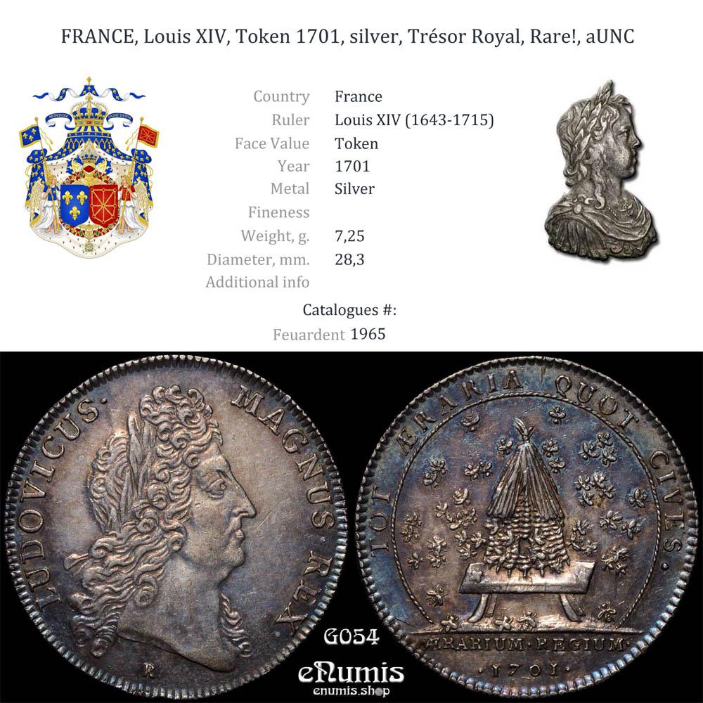 FRANCE, Louis XIV, Token 1701, silver, Trésor Royal, Rare!, aUNC