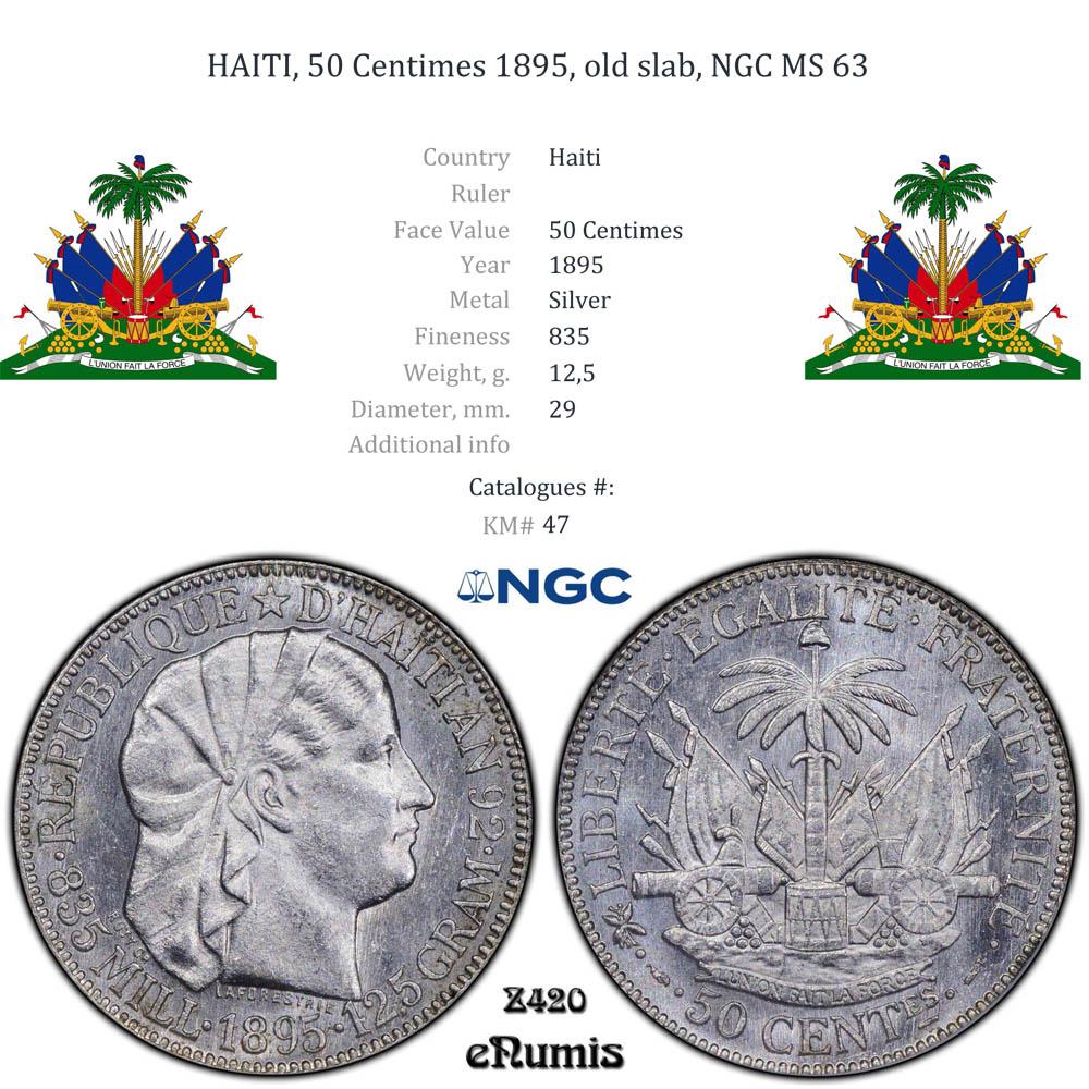 HAITI, 50 Centimes 1895, old slab, NGC MS 63