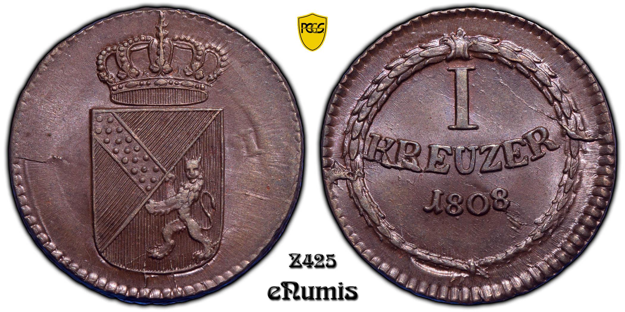 Germany, Baden, 1 Kreuzer 1808, AKS-20 Plate, Top Pop, PCGS MS 64 BN