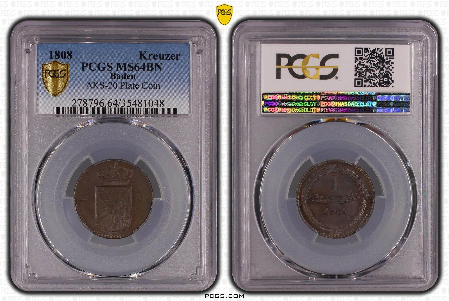 Germany, Baden, 1 Kreuzer 1808, AKS-20 Plate, Top Pop, PCGS MS 64 BN