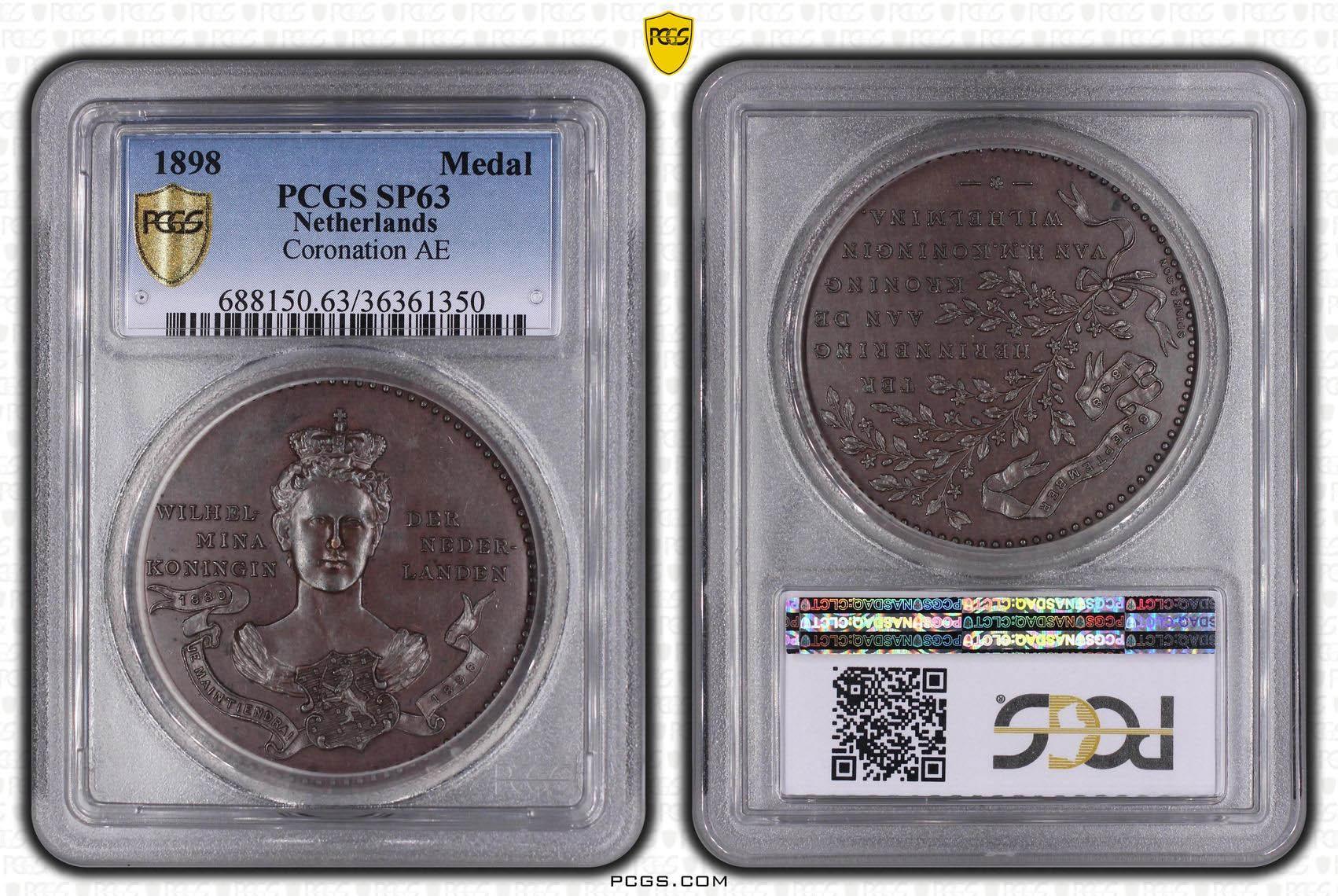 Netherlands, Wilhelmina, Coronation Medal 1898, Top Pop, PCGS SP 63 Netherlands, Wilhelmina, Coronation Medal 1898, Top Pop, PCGS SP 63