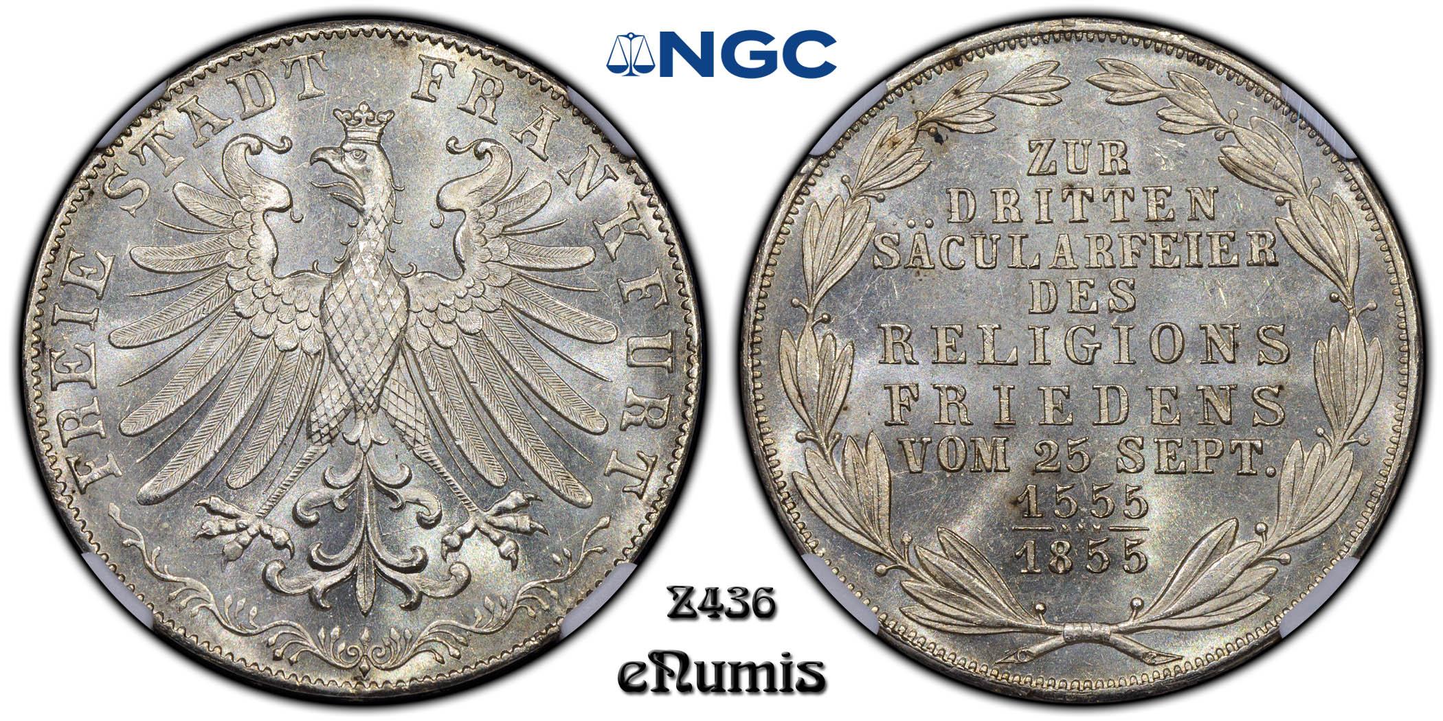 Germany, Frankfurt, 2 Gulden 1855, Religious Peace, NGC MS 64+