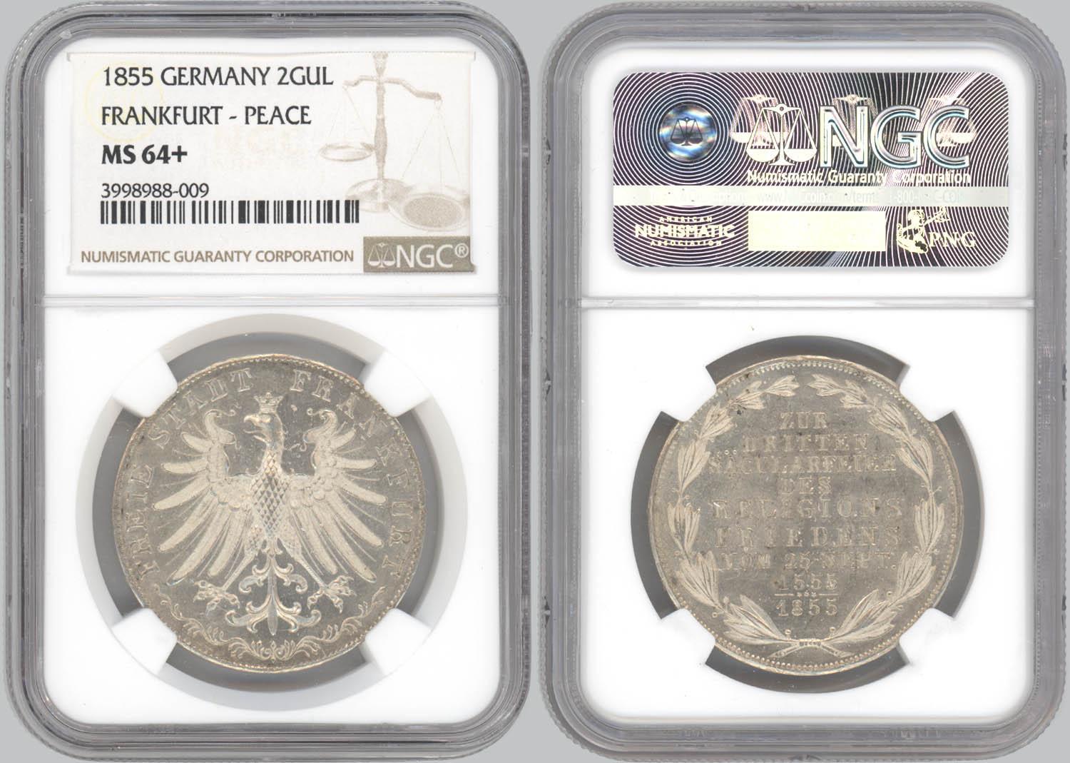 Germany, Frankfurt, 2 Gulden 1855, Religious Peace, NGC MS 64+