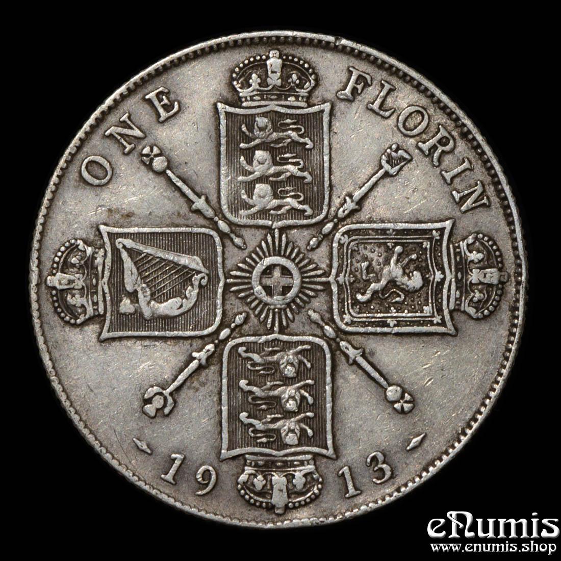Great Britain, George V, Florin 1913, Rarest date, VF-XF Great Britain, George V, Florin 1913, Rarest date, VF-XF