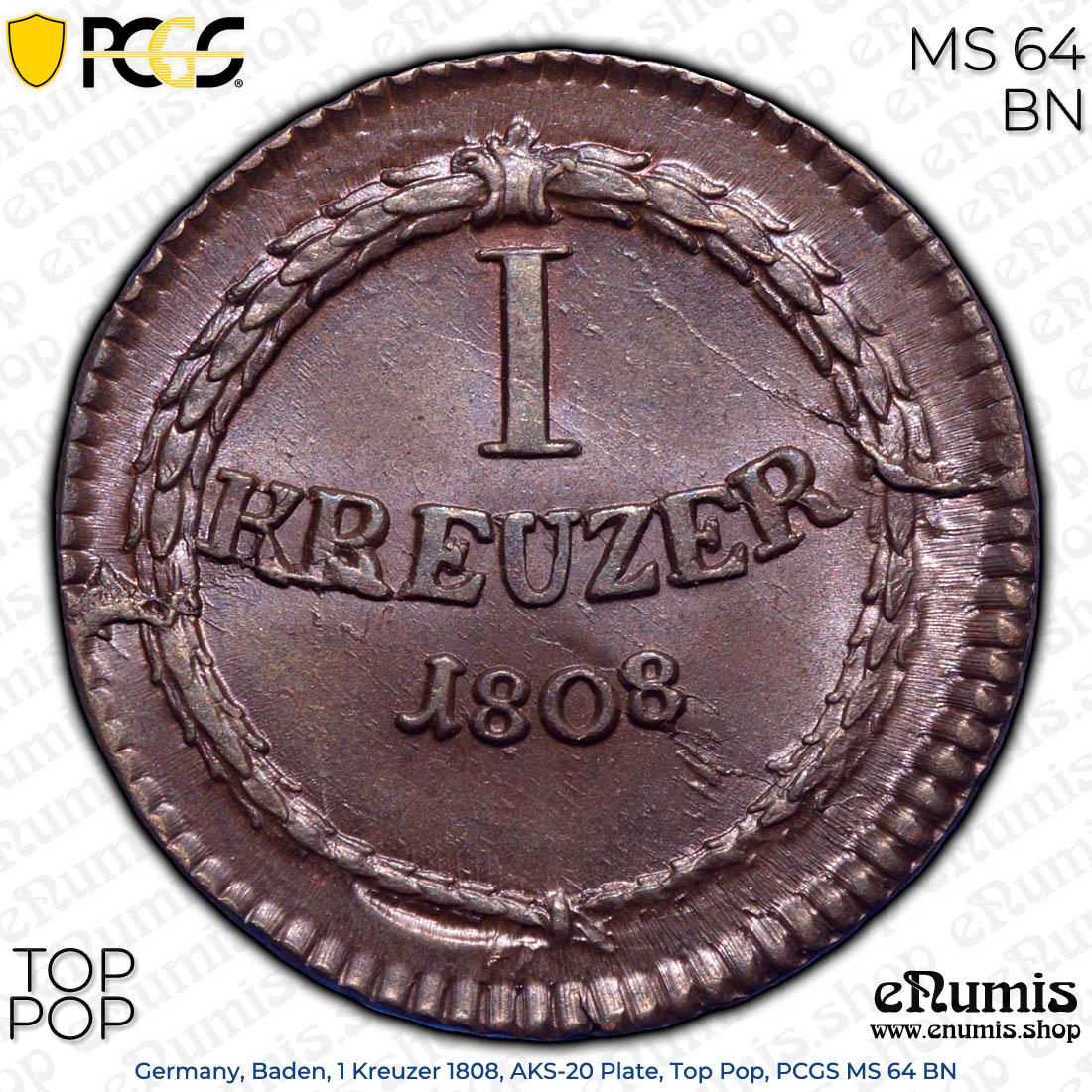 Germany, Baden, 1 Kreuzer 1808, AKS-20 Plate, Top Pop, PCGS MS 64 BN