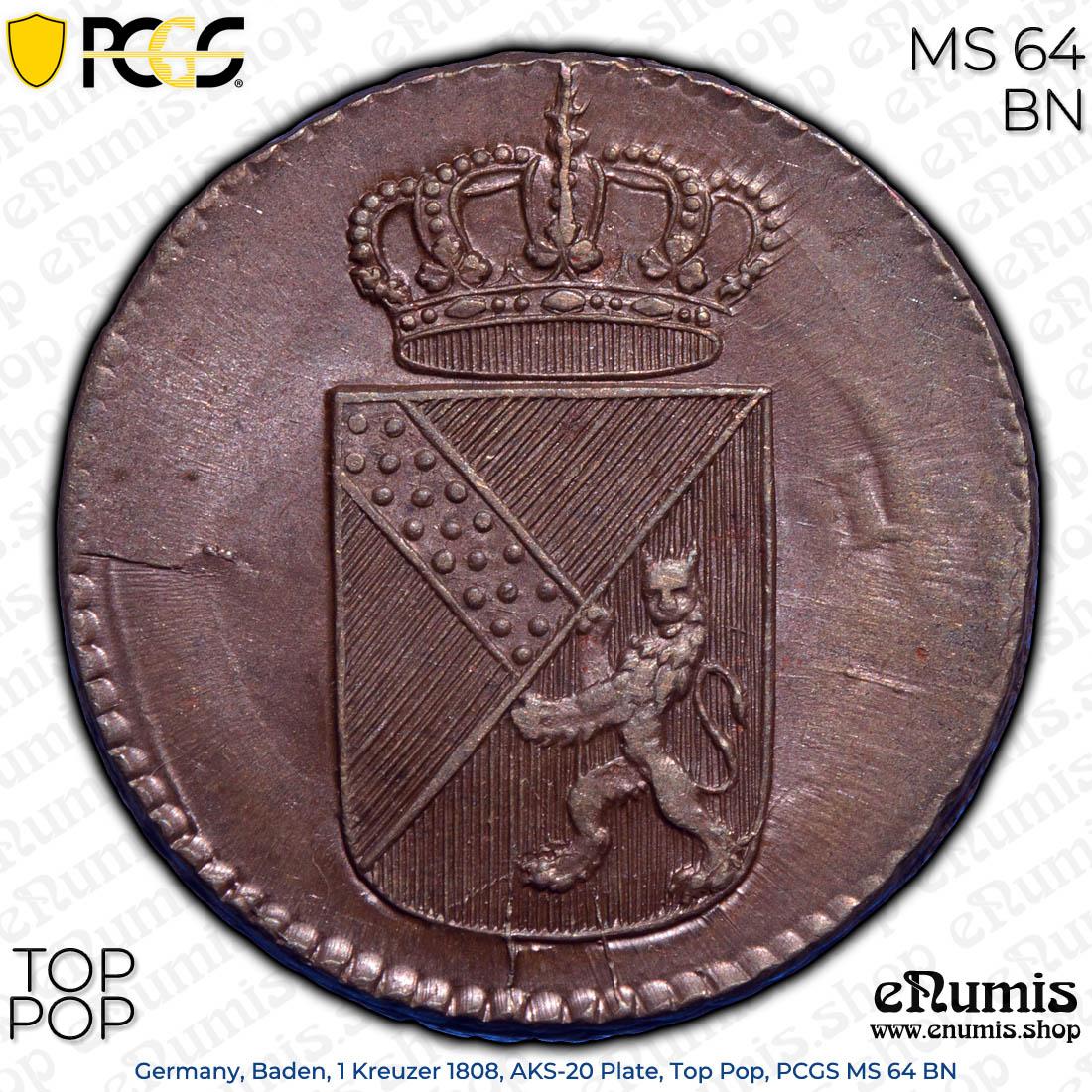 Germany, Baden, 1 Kreuzer 1808, AKS-20 Plate, Top Pop, PCGS MS 64 BN