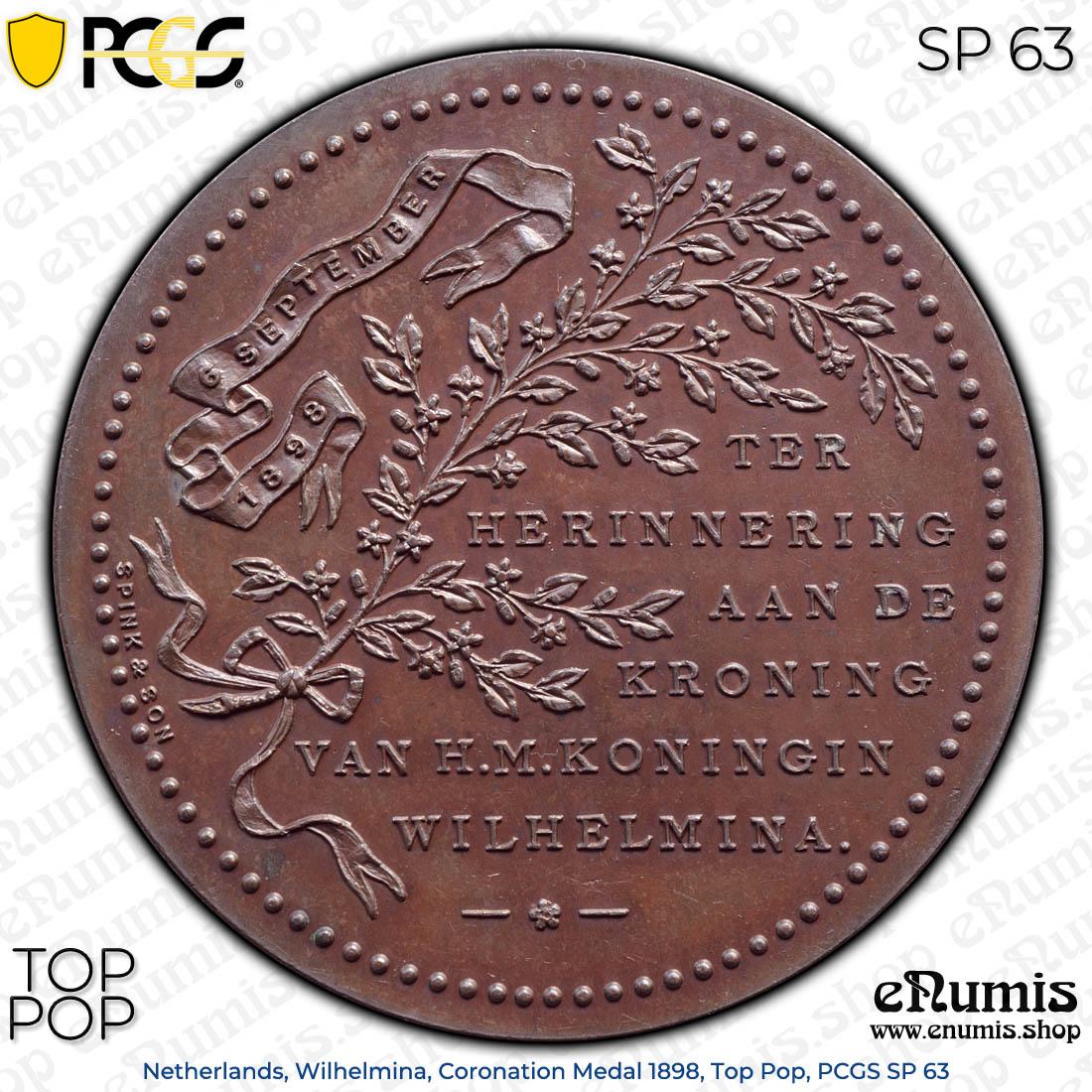Netherlands, Wilhelmina, Coronation Medal 1898, Top Pop, PCGS SP 63 Netherlands, Wilhelmina, Coronation Medal 1898, Top Pop, PCGS SP 63