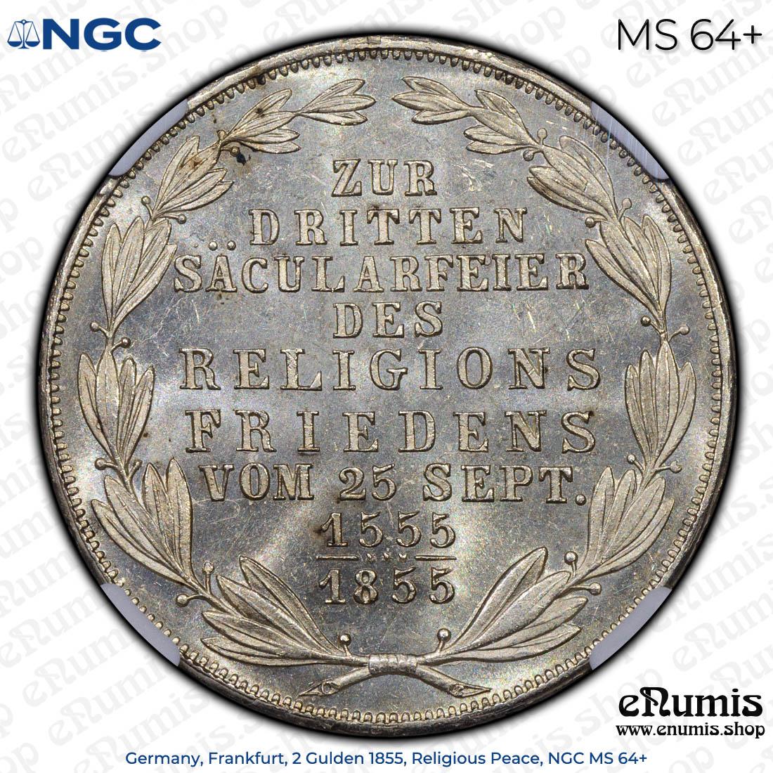 Germany, Frankfurt, 2 Gulden 1855, Religious Peace, NGC MS 64+